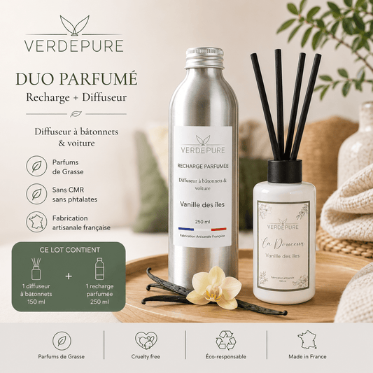 Duo Longue Durée VerdePure – diffuseur à bâtonnets et recharge 250ml végétale