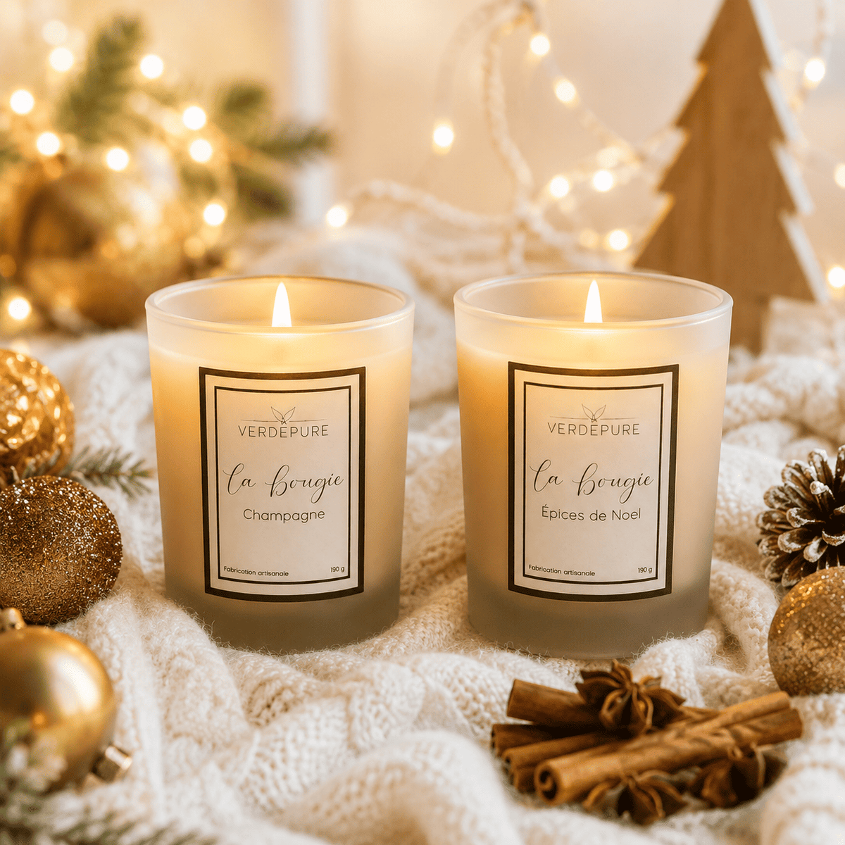 Duo de bougies de Noël Champagne et Épices de Noël – cire végétale VerdePure