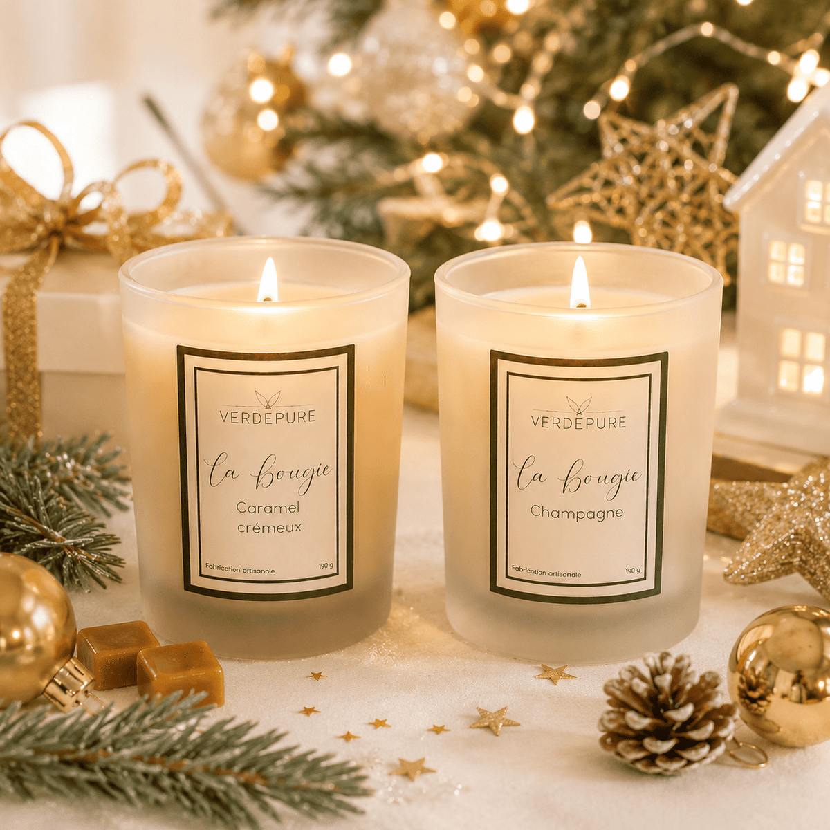 Duo de bougies de Noël Caramel crémeux et Champagne – cire végétale VerdePure