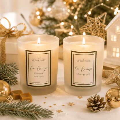 Duo de bougies de Noël Caramel crémeux et Champagne – cire végétale VerdePure