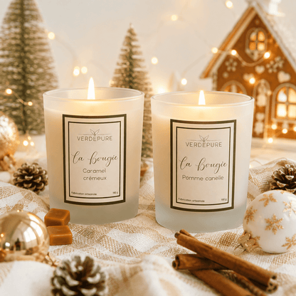 Duo de bougies de Noël Caramel crémeux et Pomme cannelle – cire végétale VerdePure