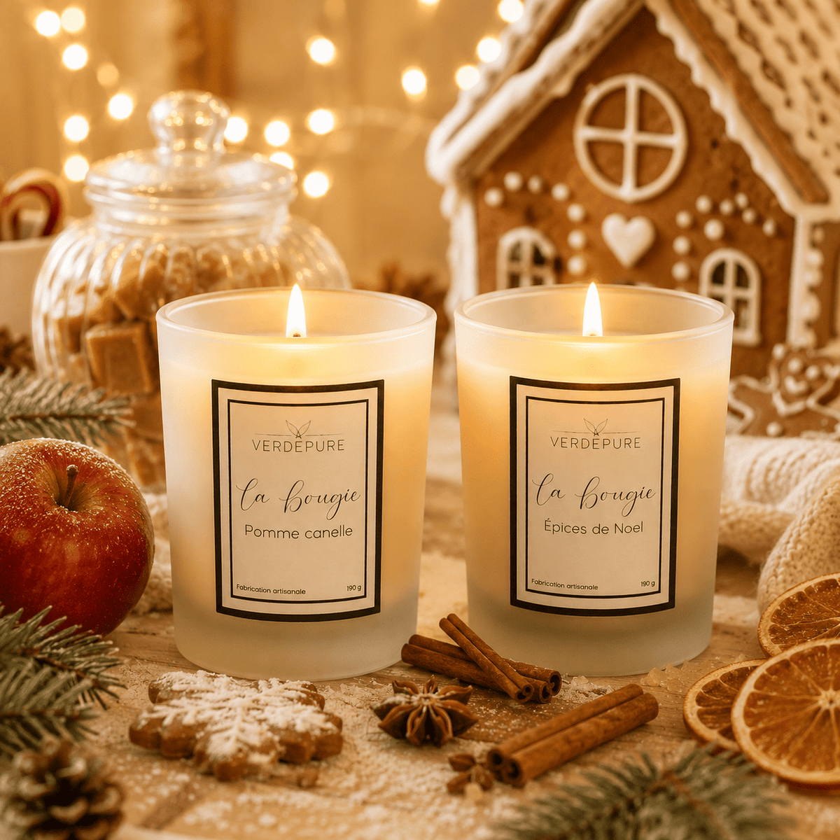 Duo de bougies de Noël Pomme cannelle et Épices de Noël – cire végétale VerdePure