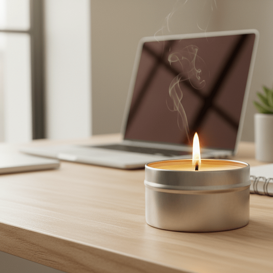 Mini bougie végétale VerdePure posée sur bureau moderne – décoration intérieure