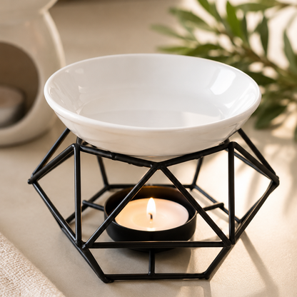Brûleur à parfum géométrique VerdePure – structure métal noir et bol céramique blanche